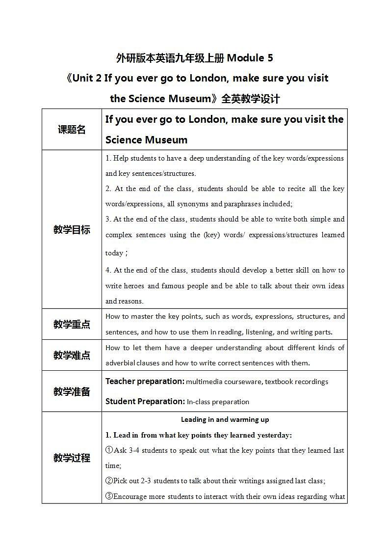 Module 5 Unit 2 If you ever go to London, make sure you visit the Science Museum课件PPT+教案01