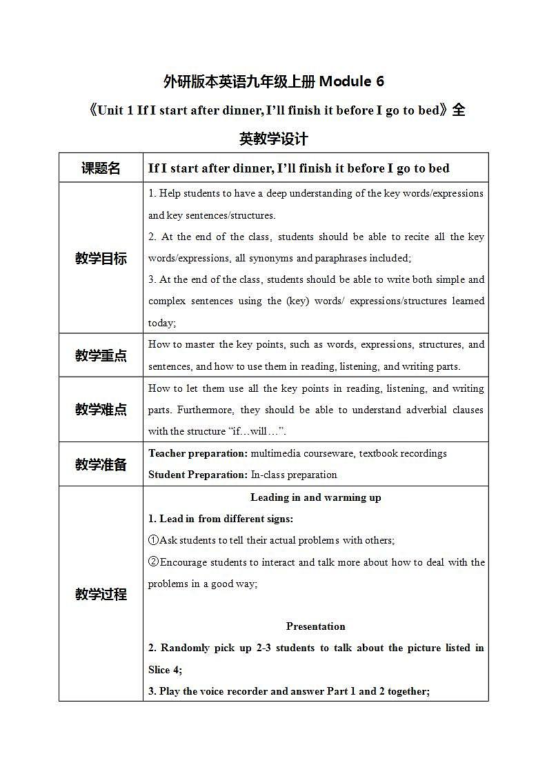 Module 6 Unit 1 If I start after dinner, I’ll finish it before I go to bed课件PPT+教案01