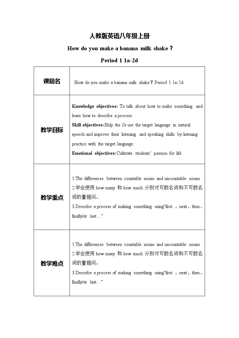 unit8 How do you make a banana milk shake？ Section A 1a-2d 教案+课件+练习01