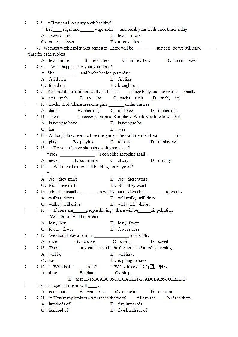Unit7测试题 2021-2022学年人教版英语八年级上册 (word版含答案)第2页