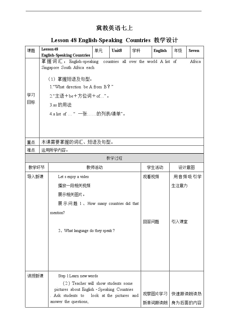 冀教版7上英语 Unit8 Lesson48 English­Speaking Countries 课件+教案+练习+音视频01