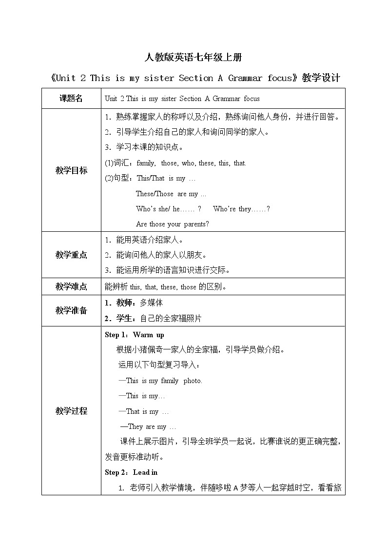 Unit 2 This is my sister Section A Grammar focus 教案第1页