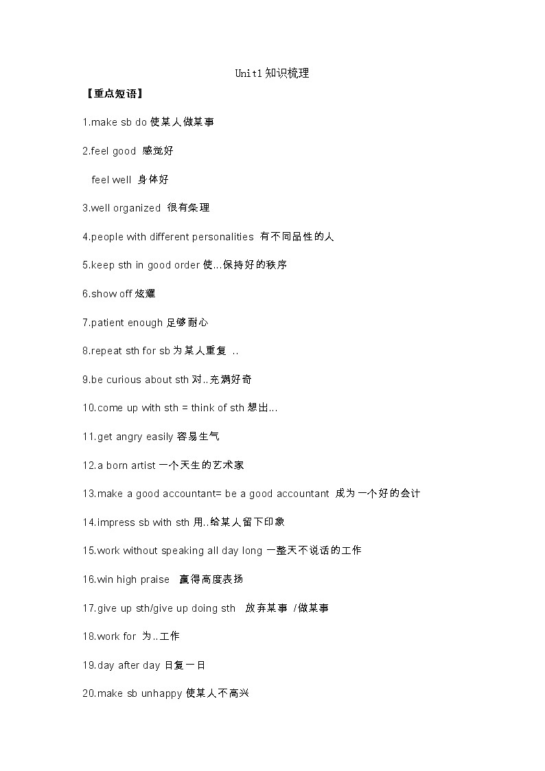 译林版初中英语九年级上册 Unit1 知识点梳理+单元测试卷01