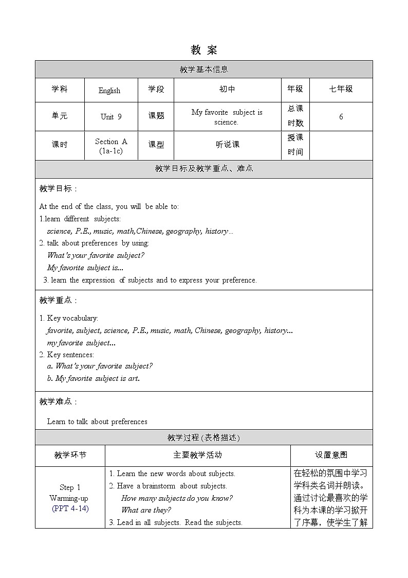 人教版七年级英语上册教案 Unit 9 Section A 1a-1c01