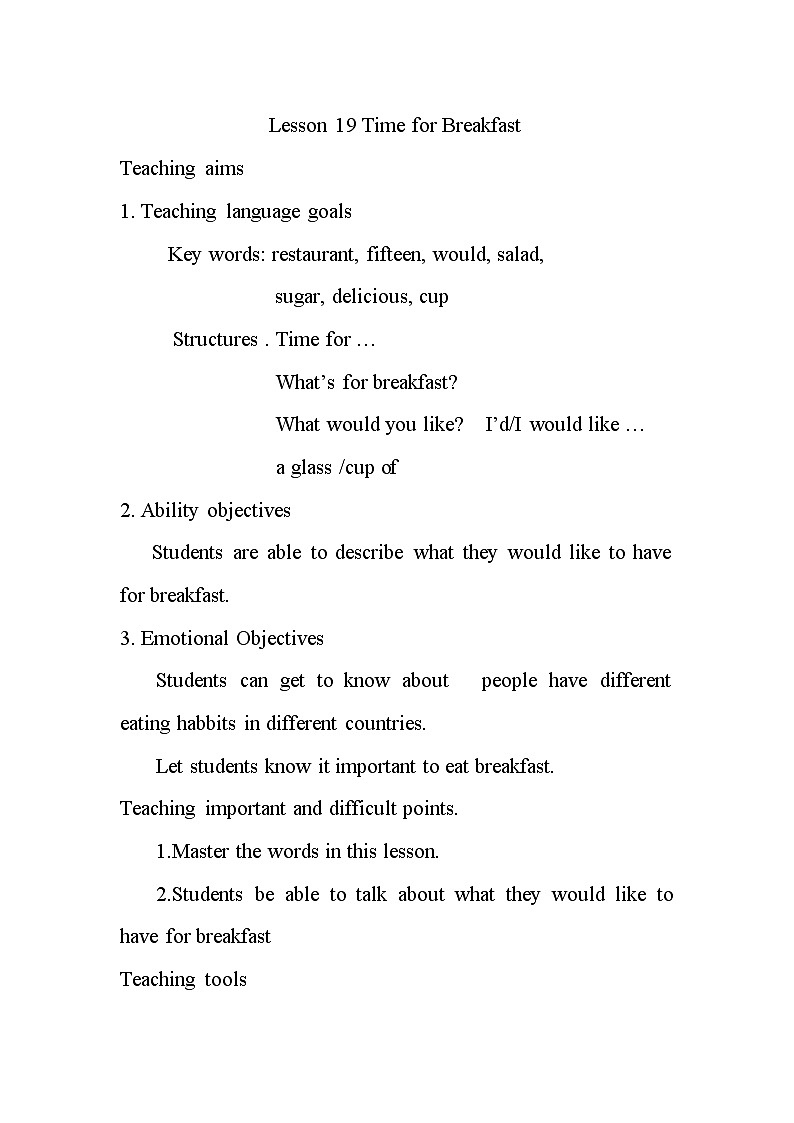 冀教版七上英语 Lesson 19 Time for Breakfast 教案第1页