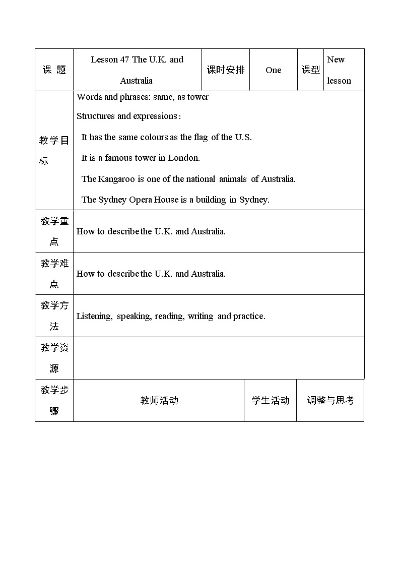 冀教版七上英语 Lesson 47 The U.k. and Austualia  教案第1页