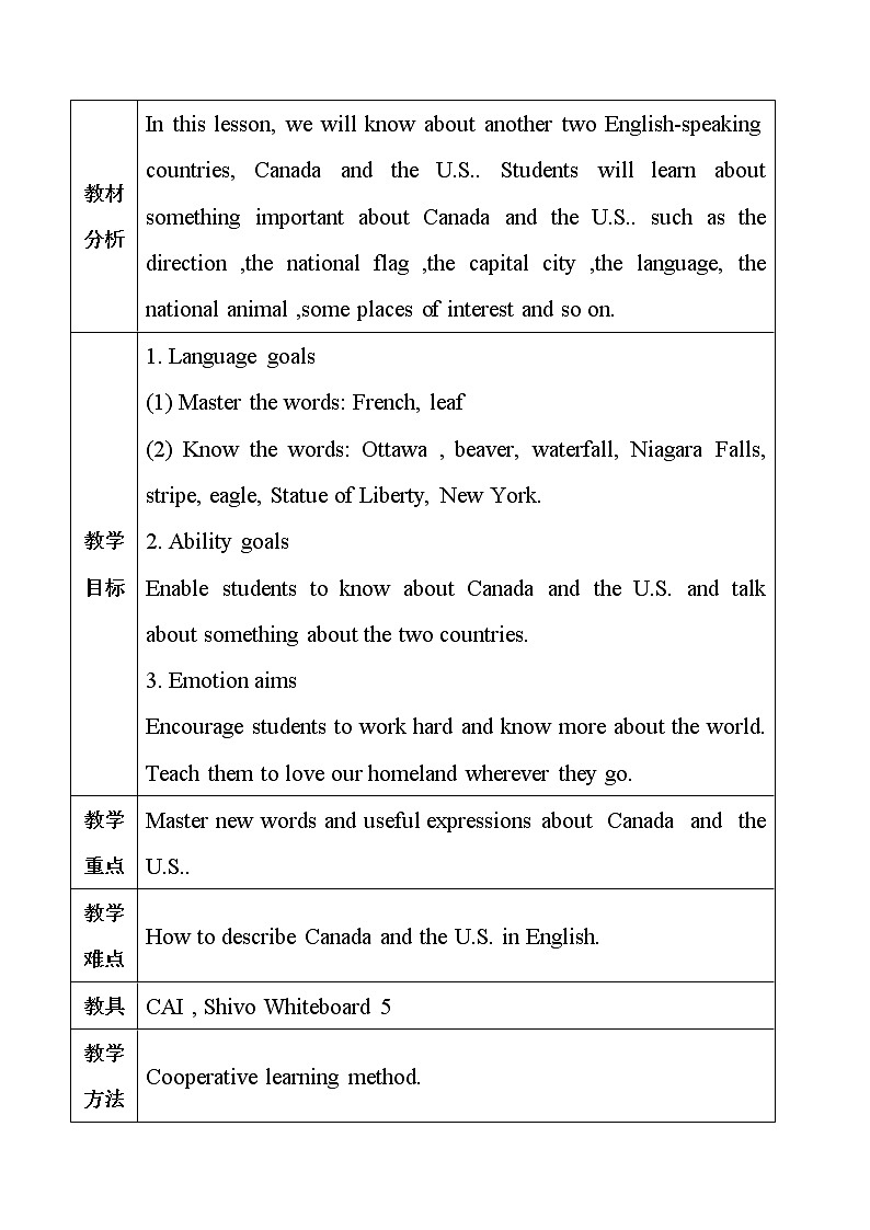 冀教版七上英语 Lesson 46 Canada and The U.S 教案第2页