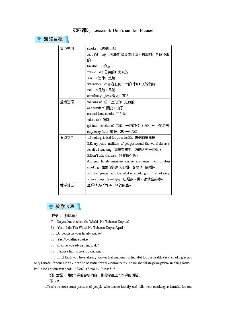 秋冀教版九年级上册英语教案：Unit 1 Lesson 4 Don’t smoke, Please!01