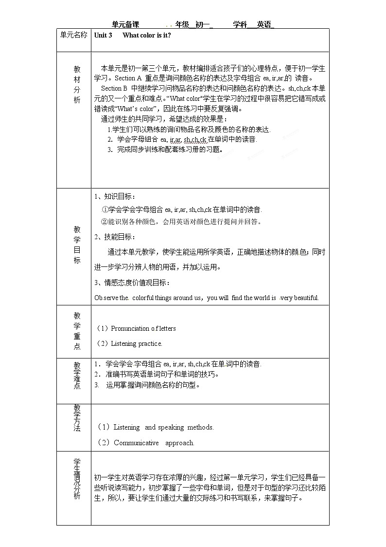 七年级英语上册教学设计：unit 3单元备课第1页