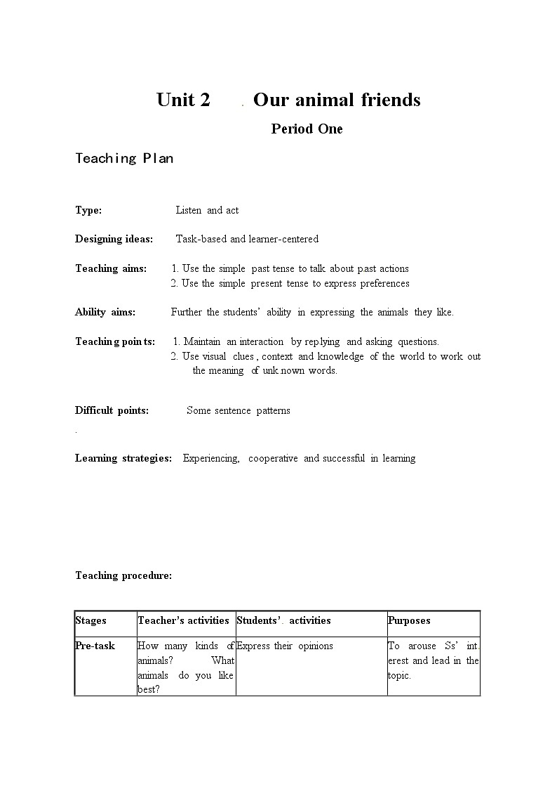 Module 1 RelationshipsUnit 2 Our animal friends单元教案（4课时）（4份打包）01