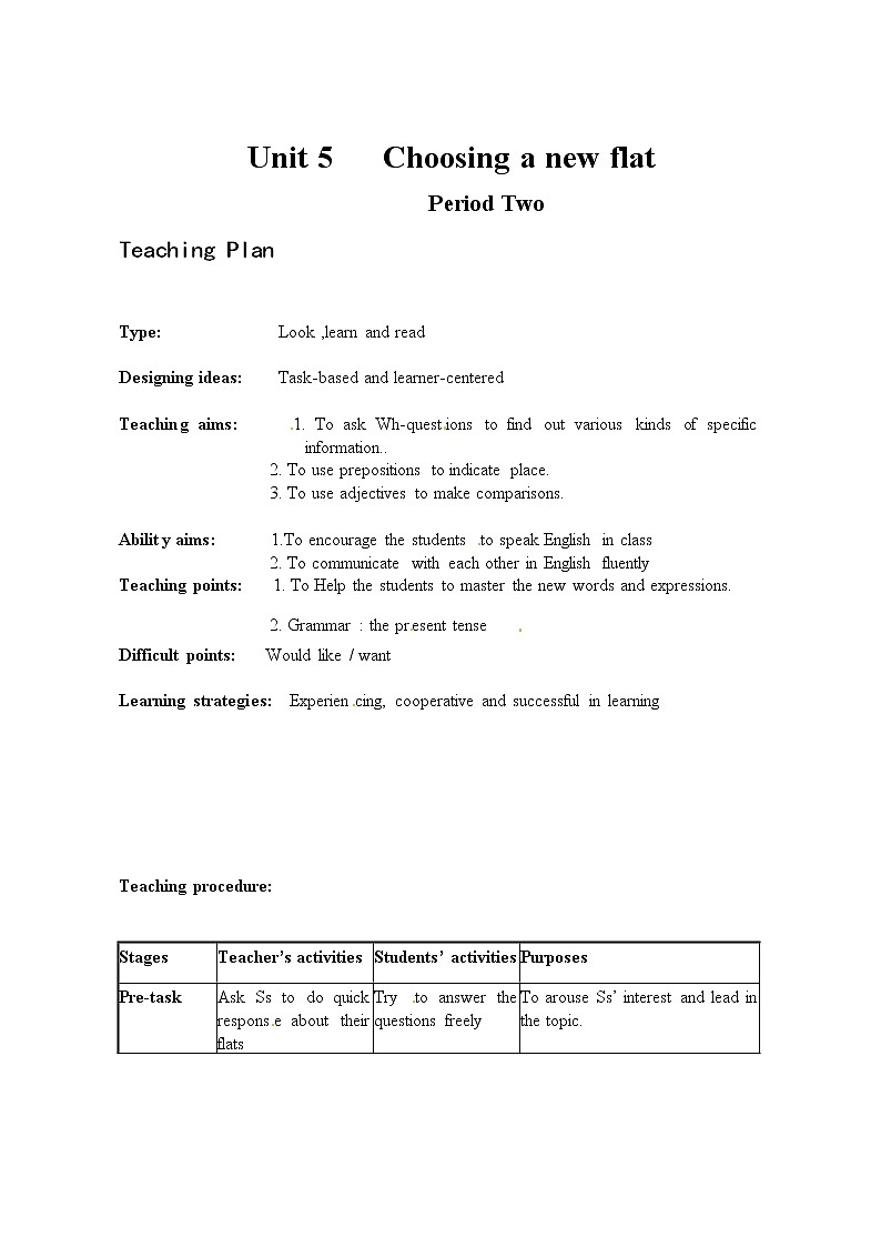 Module 2 My NeighborhoodUnit 5 Choosing a new flat单元教案（4课时）（4份打包）01