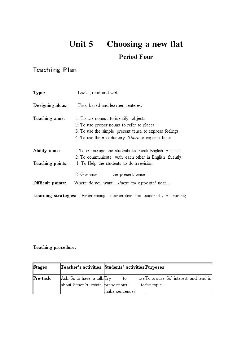 Module 2 My NeighborhoodUnit 5 Choosing a new flat单元教案（4课时）（4份打包）01