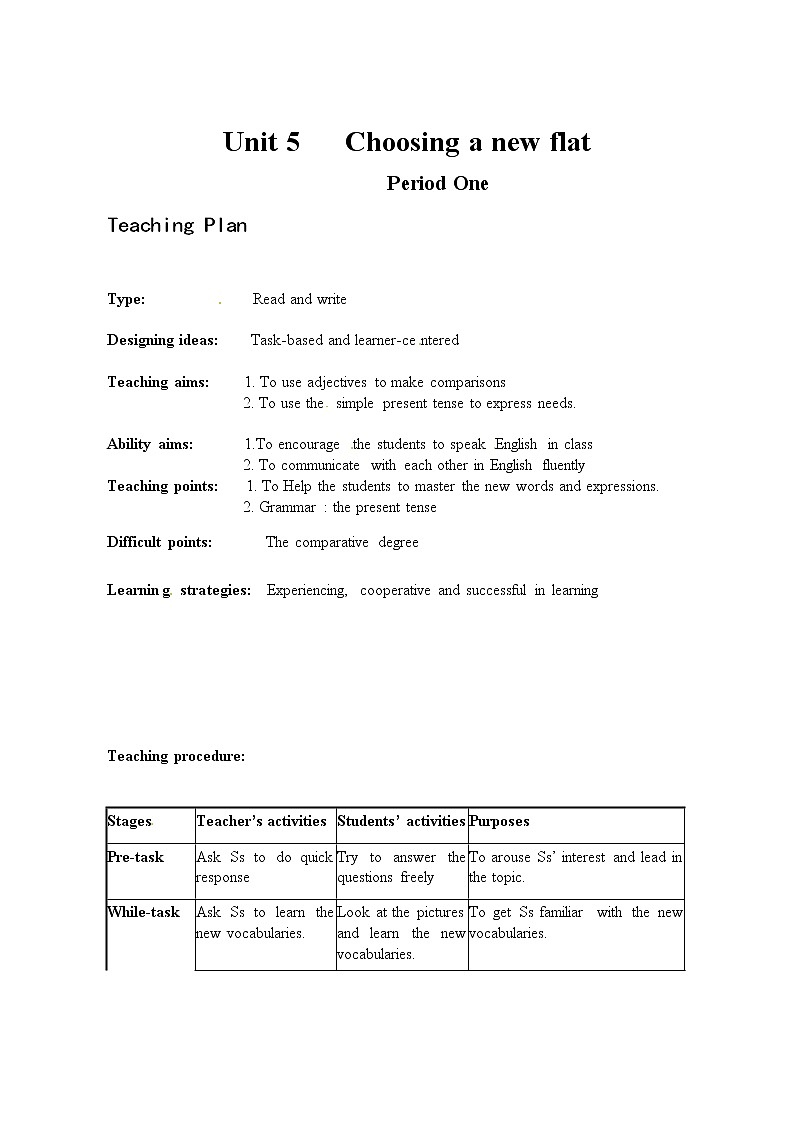 Module 2 My NeighborhoodUnit 5 Choosing a new flat单元教案（4课时）（4份打包）01