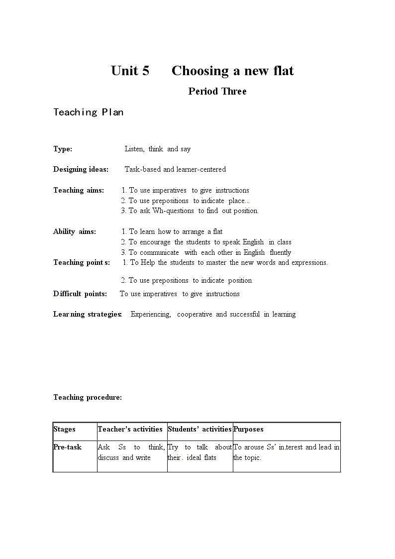 Module 2 My NeighborhoodUnit 5 Choosing a new flat单元教案（4课时）（4份打包）01