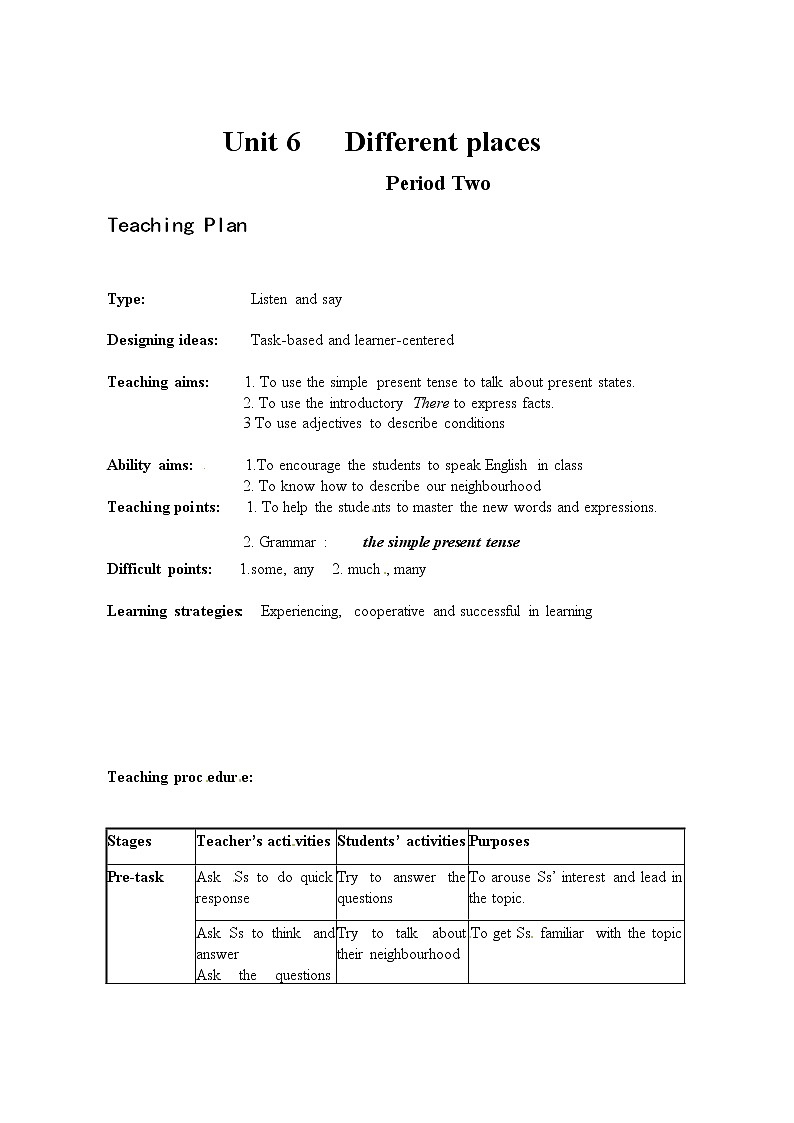 Module 2 My NeighborhoodUnit 6 Different places单元教案（4课时）（4份打包）01