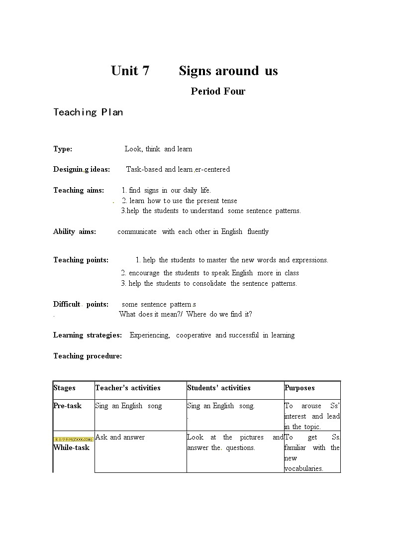 Module 2 My NeighborhoodUnit 7 Signs around us单元教案（4课时）（4份打包）01