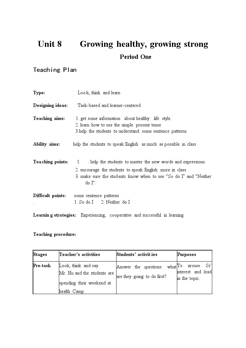 Module 3 Diet and healthUnit 8 Growing healthy,growing单元教案（4课时）（4份打包）01