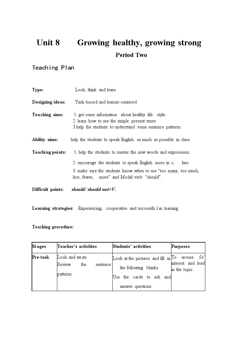 Module 3 Diet and healthUnit 8 Growing healthy,growing单元教案（4课时）（4份打包）01