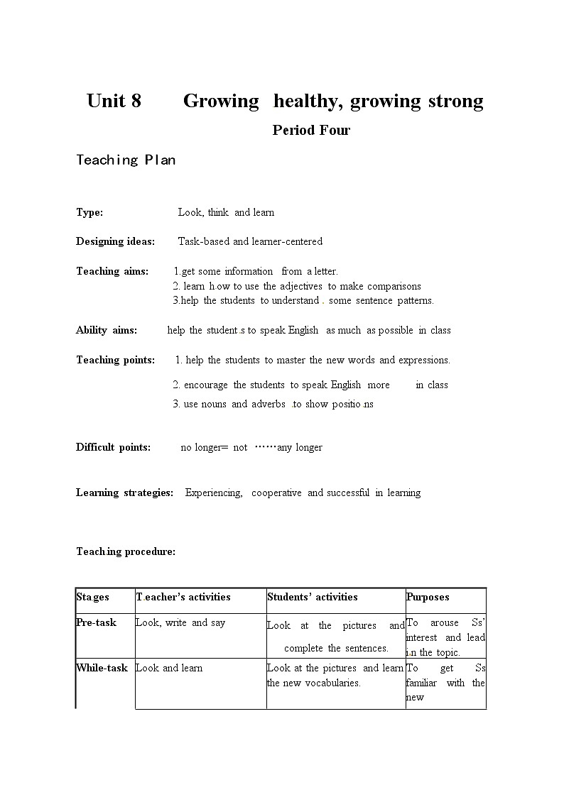 Module 3 Diet and healthUnit 8 Growing healthy,growing单元教案（4课时）（4份打包）01