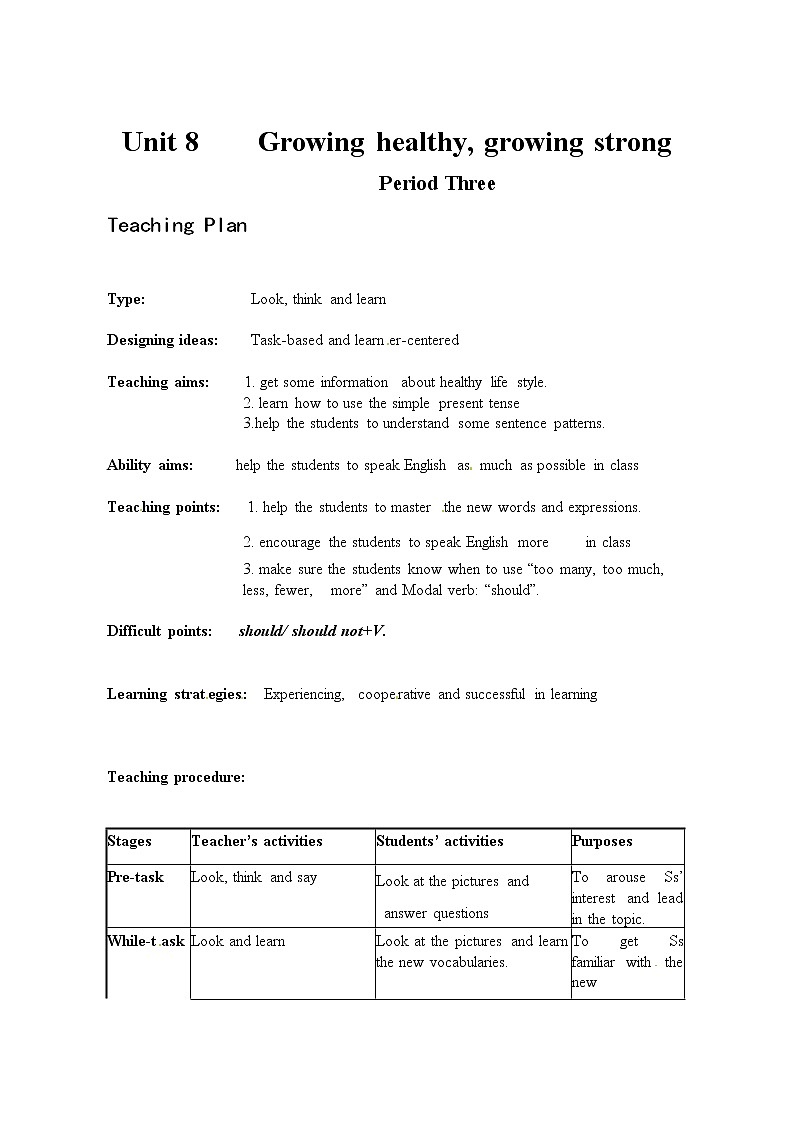 Module 3 Diet and healthUnit 8 Growing healthy,growing单元教案（4课时）（4份打包）01