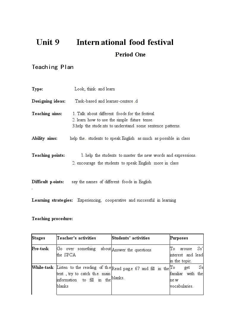 Module 3 Diet and healthUnit 9 International Food Festival单元教案（4课时）（4份打包）01