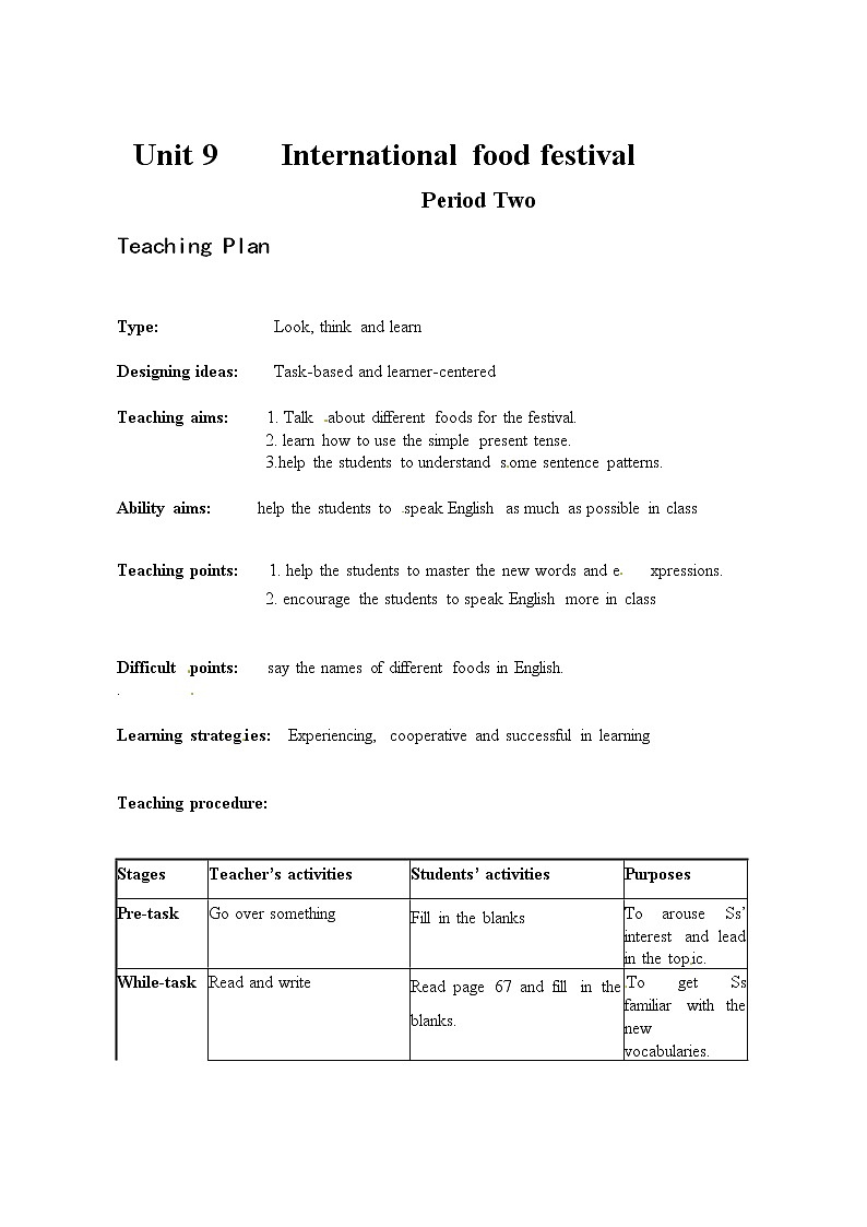 Module 3 Diet and healthUnit 9 International Food Festival单元教案（4课时）（4份打包）01