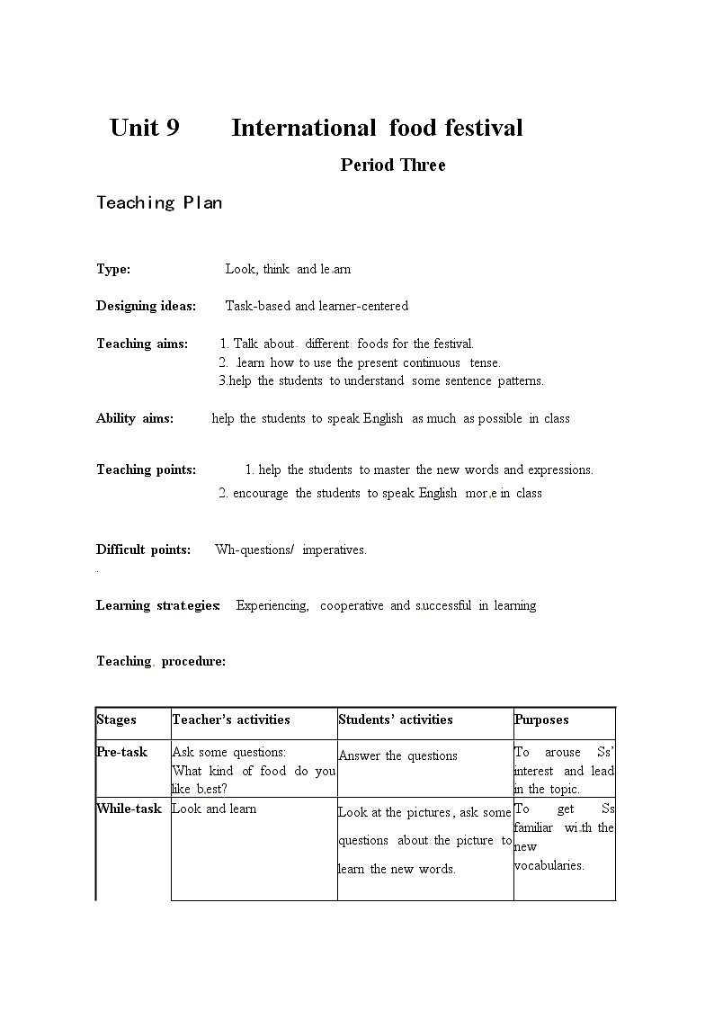 Module 3 Diet and healthUnit 9 International Food Festival单元教案（4课时）（4份打包）01