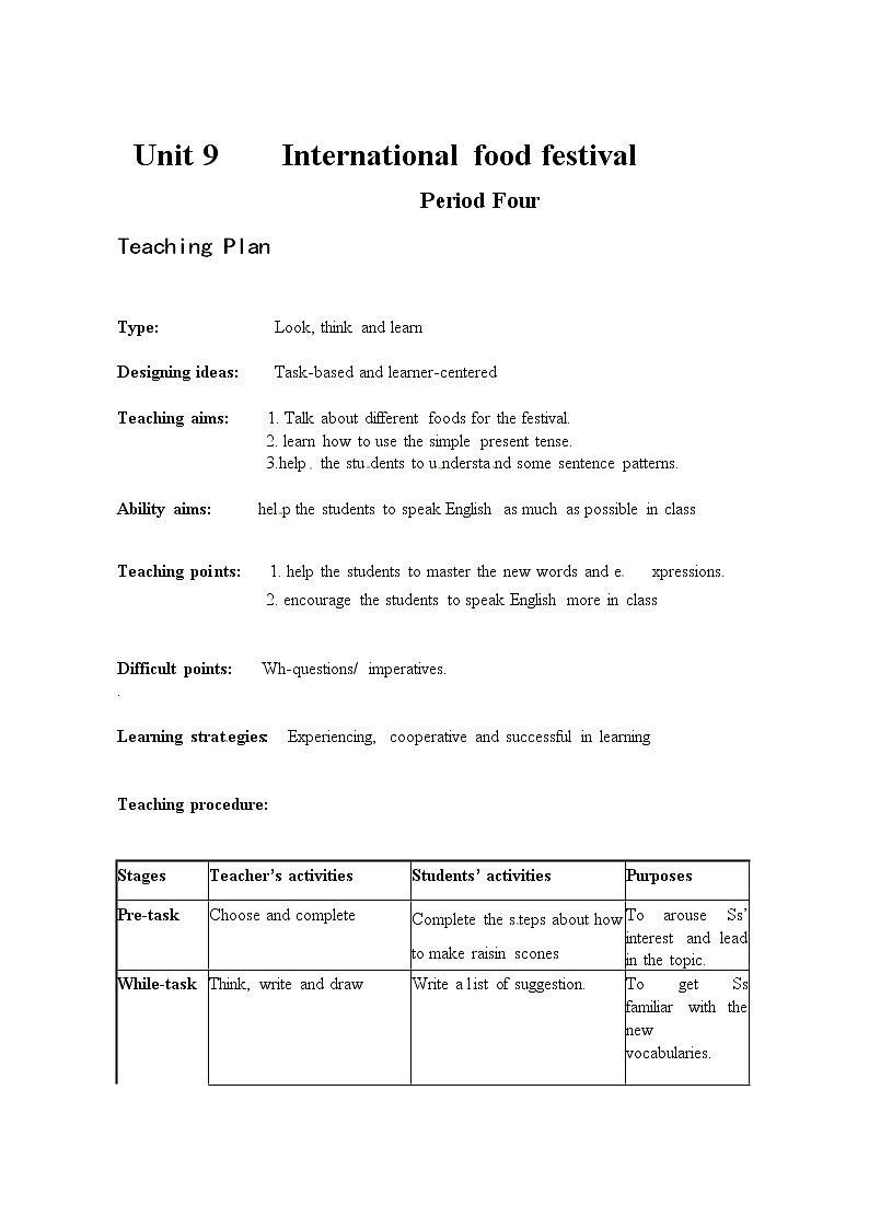 Module 3 Diet and healthUnit 9 International Food Festival单元教案（4课时）（4份打包）01