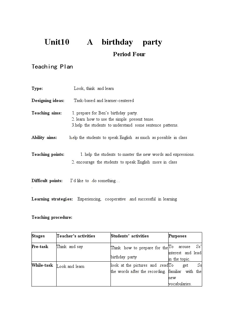 Module 3 Diet and healthUnit 10　A birthday party 单元教案（4课时）（4份打包）01