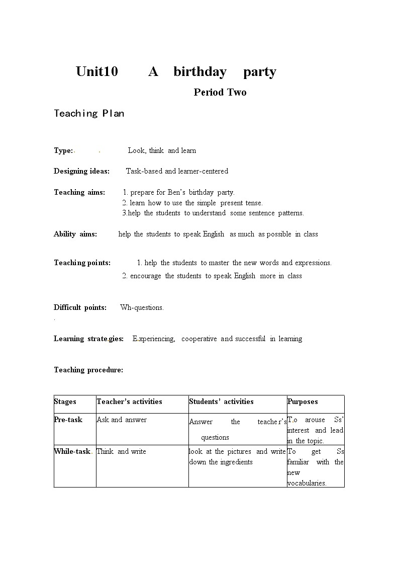 Module 3 Diet and healthUnit 10　A birthday party 单元教案（4课时）（4份打包）01