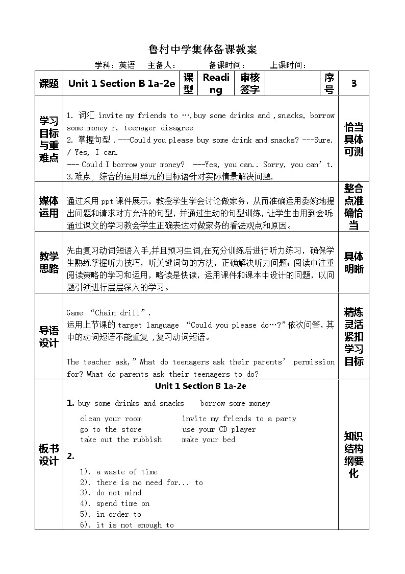 山东省沂源县鲁村中学（五四制）鲁教版八年级英语上册教案：Unit1Could you pleses clean  your room SectionB1a-2e01