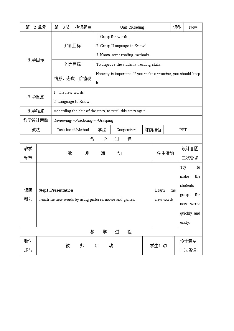 【教科版（五四制）】英语九上教案：Unit 2 The Frog Prince Reading01