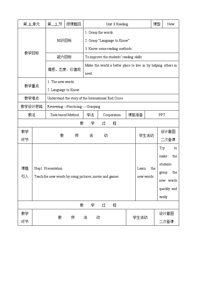 【教科版（五四制）】英语九上教案：Unit 8 The Internatianal Red Cross Reading第1页
