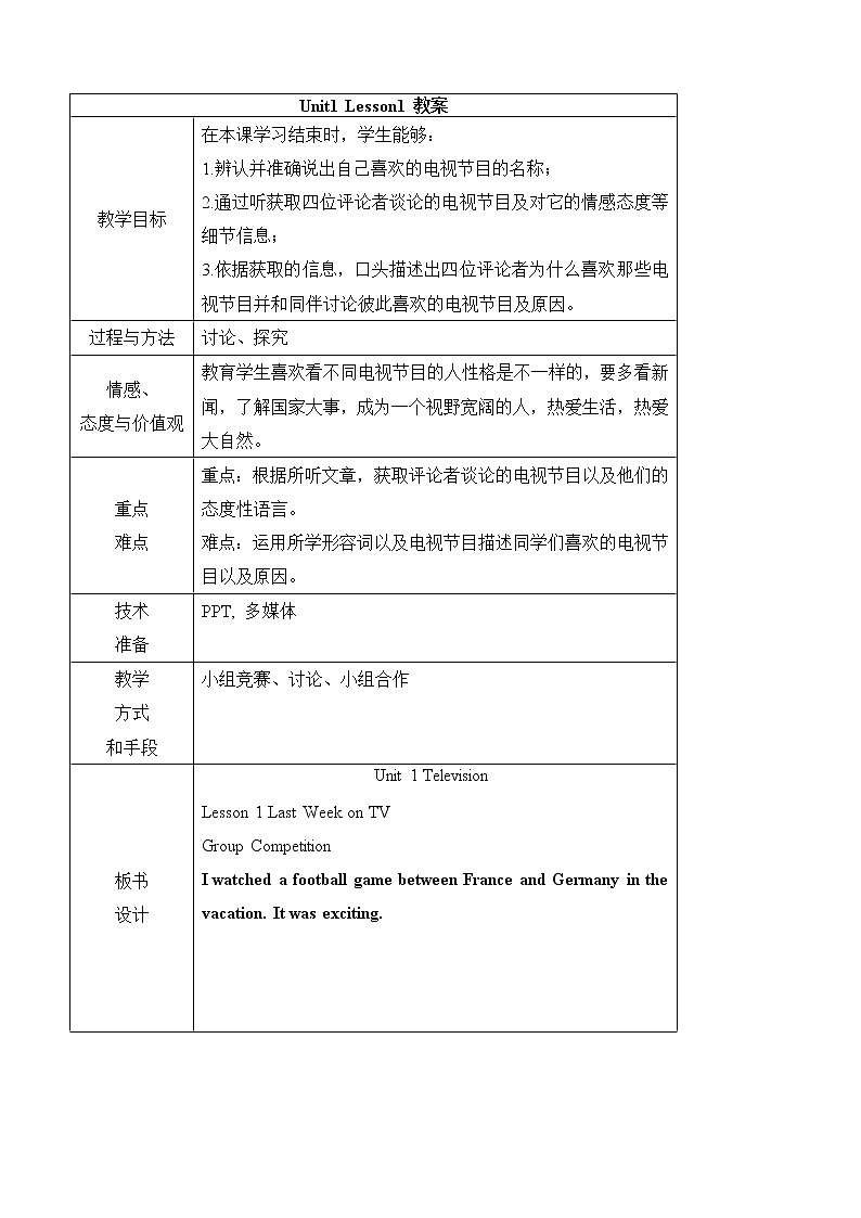 Unit 1 Television Lesson 1 Last Week on TV 教案（表格式）第1页
