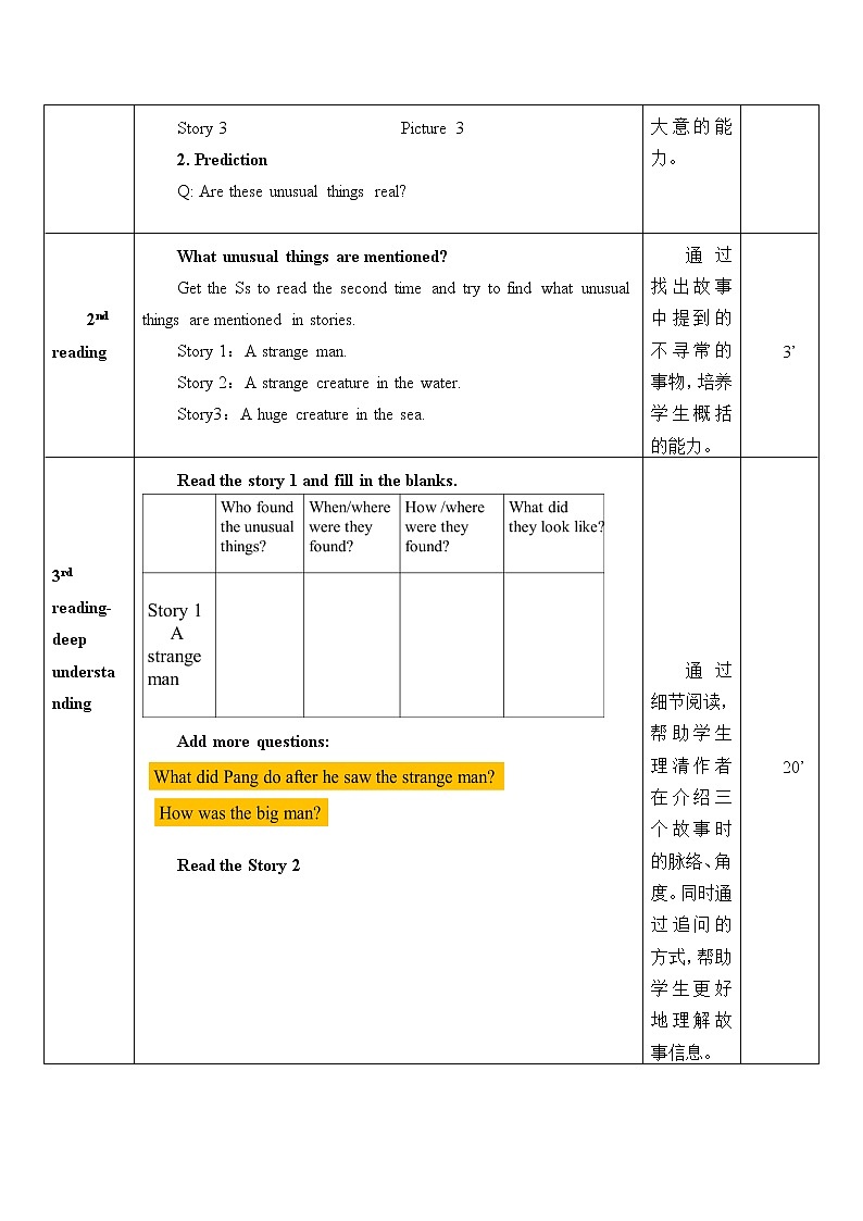 Unit 6 The Unexplained Lesson 17 True Stories 教案（2课时，表格式）02