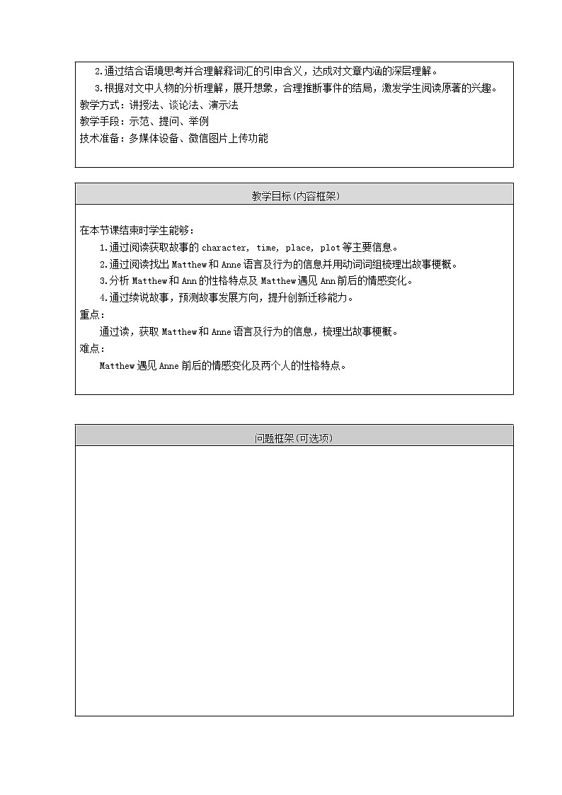 Unit 5 Literature Lesson 13 Anne of Green Gables 教案（表格式）03