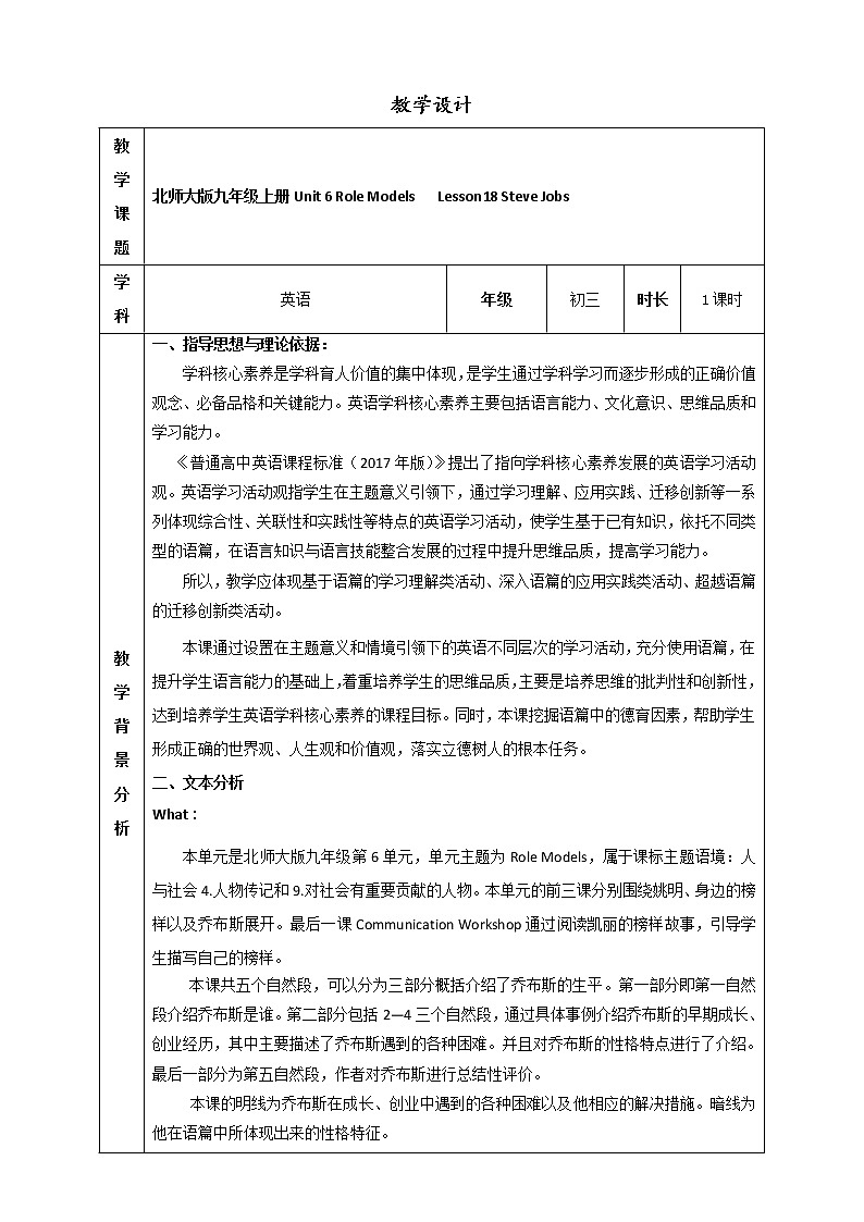 Unit 6 Role Models Lesson 18 Steve Jobs 教案（表格式）01