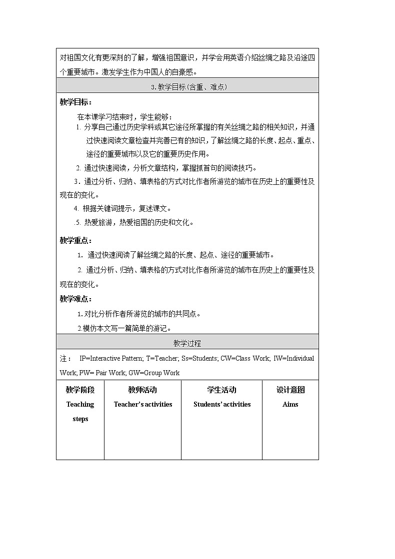 Unit 7 Lesson 19 The Silk Road 教案（表格式）第2页