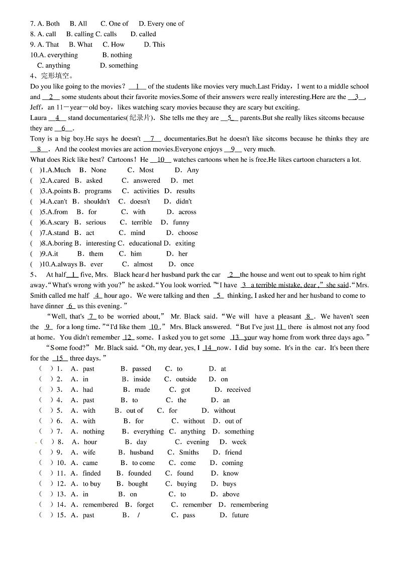 初中英语完型填空15篇第2页