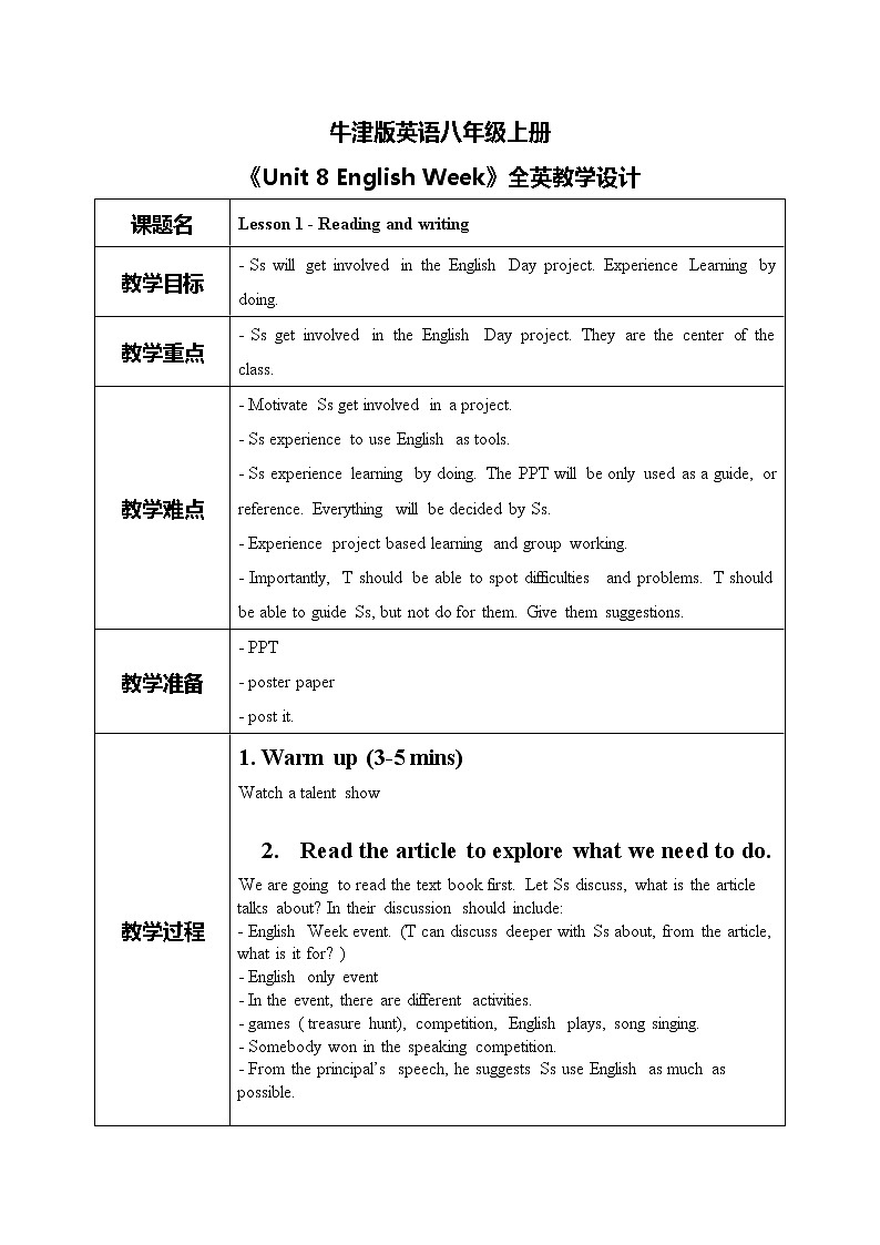 《unit 8 english week》Reading and writing 课件+教案01