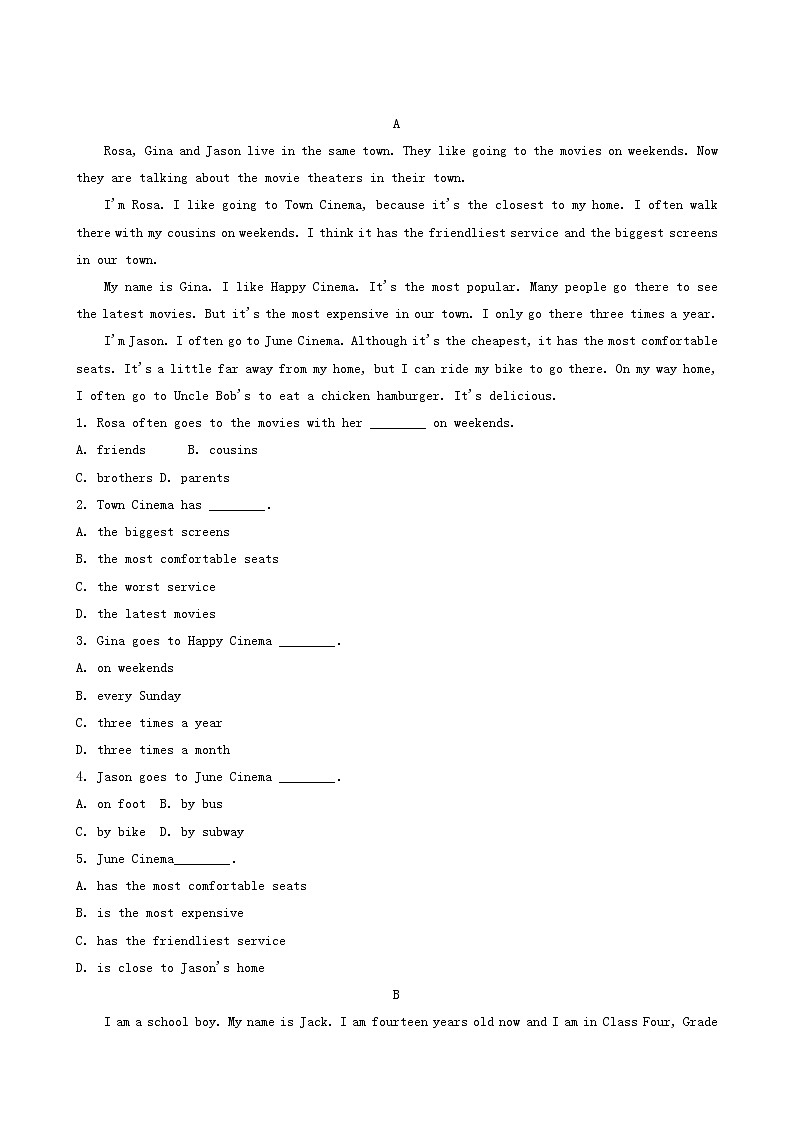 人教版八年级英语上册同步检测unit4 what’s the best movie theater试题含答案03