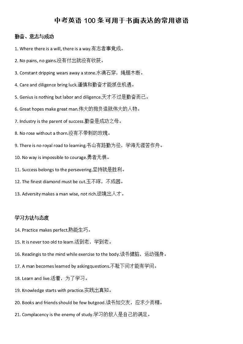中考英语100条可用于书面表达的常用谚语第1页
