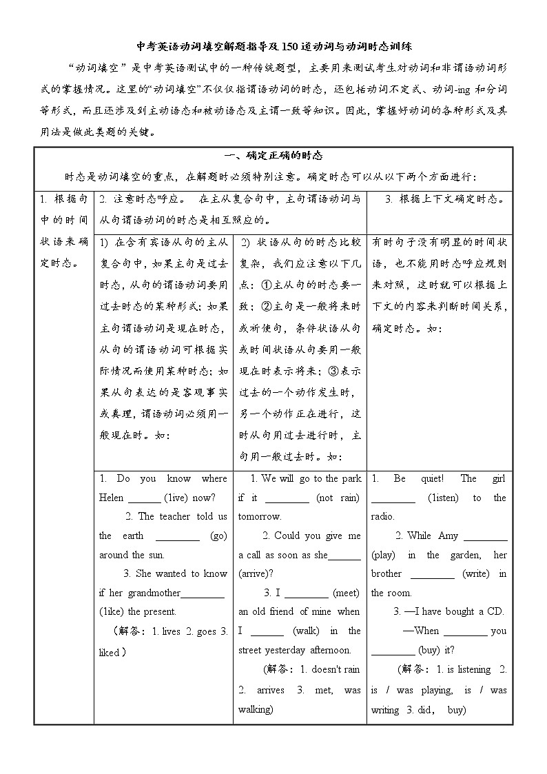 中考英语动词填空解题指导及150道动词与动词时态训练第1页