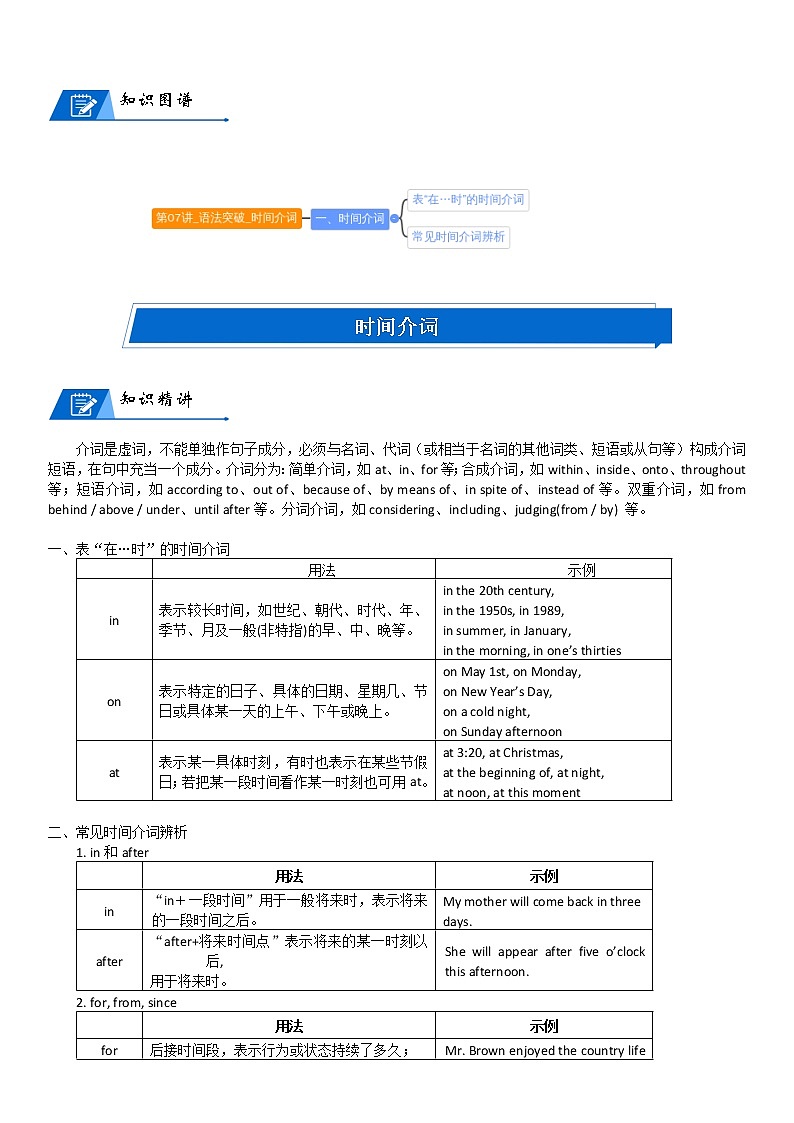 2022年中考英语语法复习第07讲时间介词(学生版)第1页