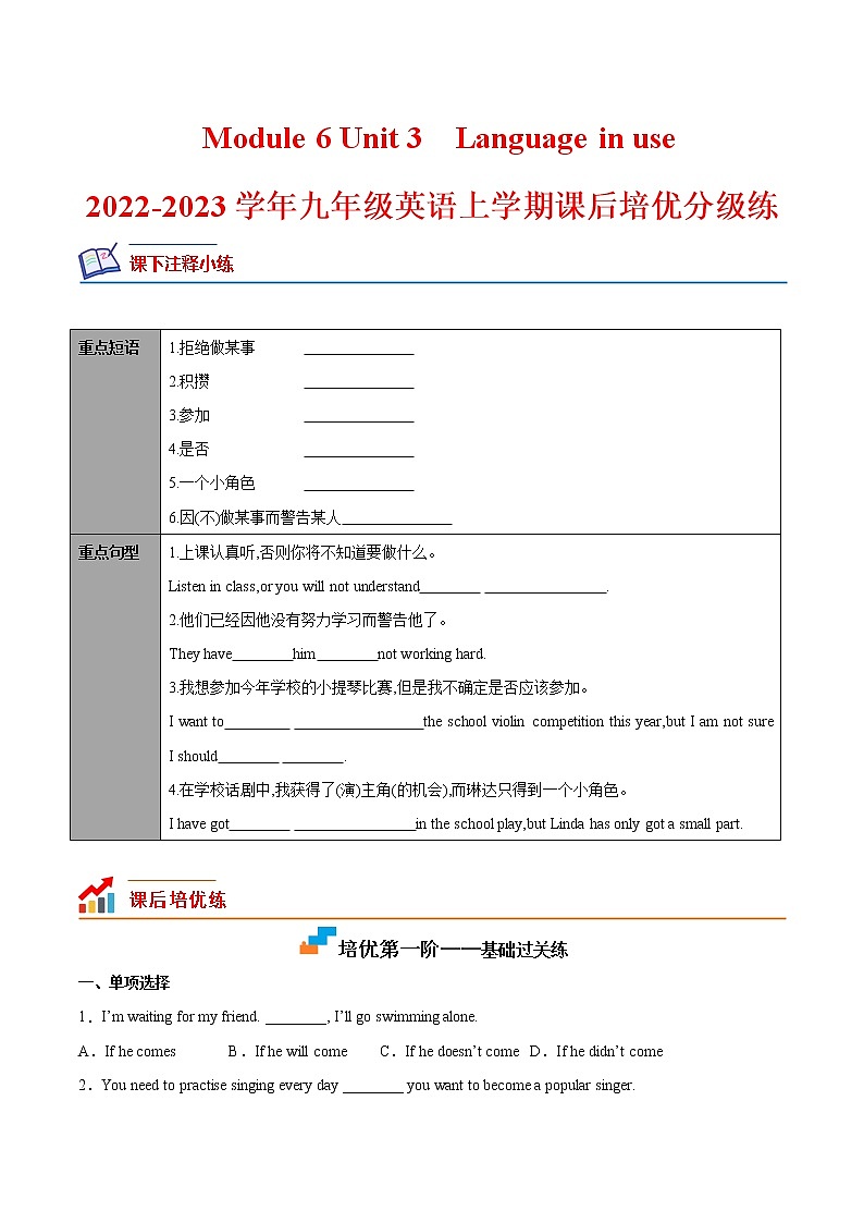 Module 6 Unit 3-2022-2023学年九年级英语上册课后培优分级练（外研版）（原卷版）第1页
