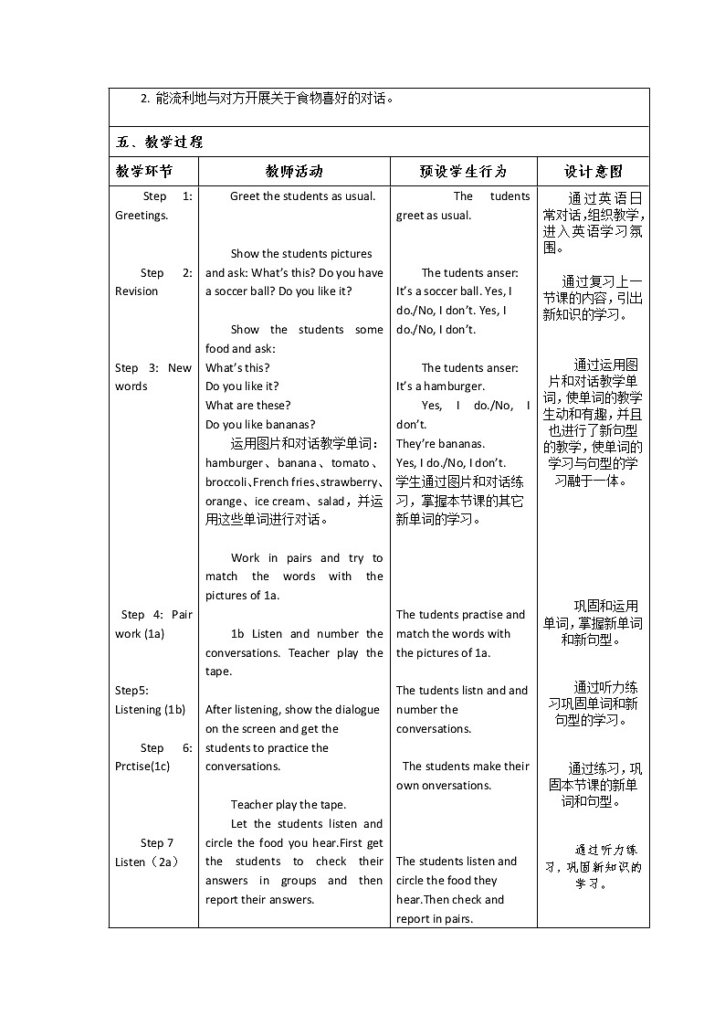 新人教版英语 七年级上册Unit 6  Do you like bananas—--  第1课时  Section A  1a-2c教案第2页