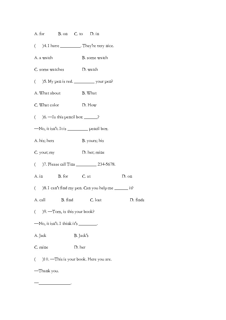 Unit 3 Is this your pencil Section A Grammar focus-3c 同步练习 2022-2023学年人教版七年级英语上册 (含答案)02