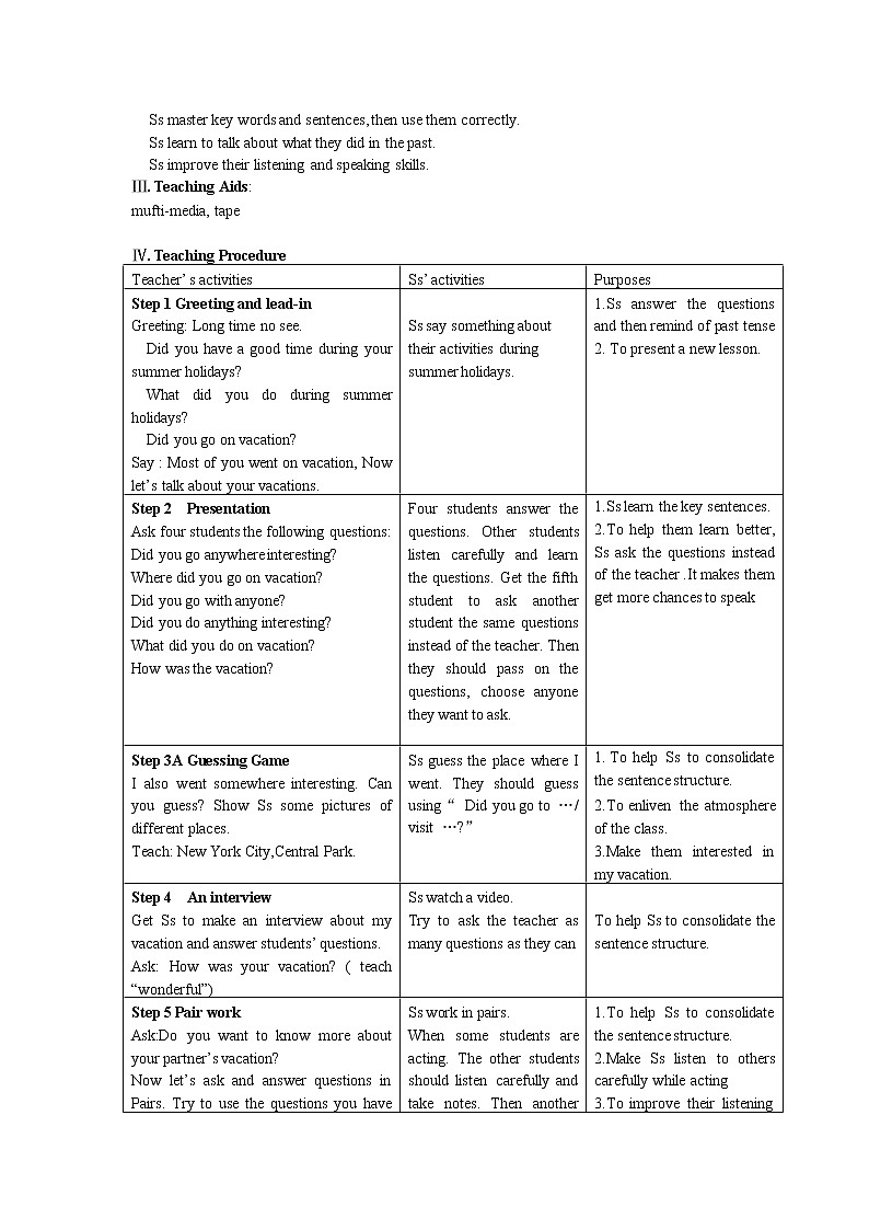 初中英语人教新目标(Go for it)版八年级上册Unit 1 Where did you go on vacation 教案02