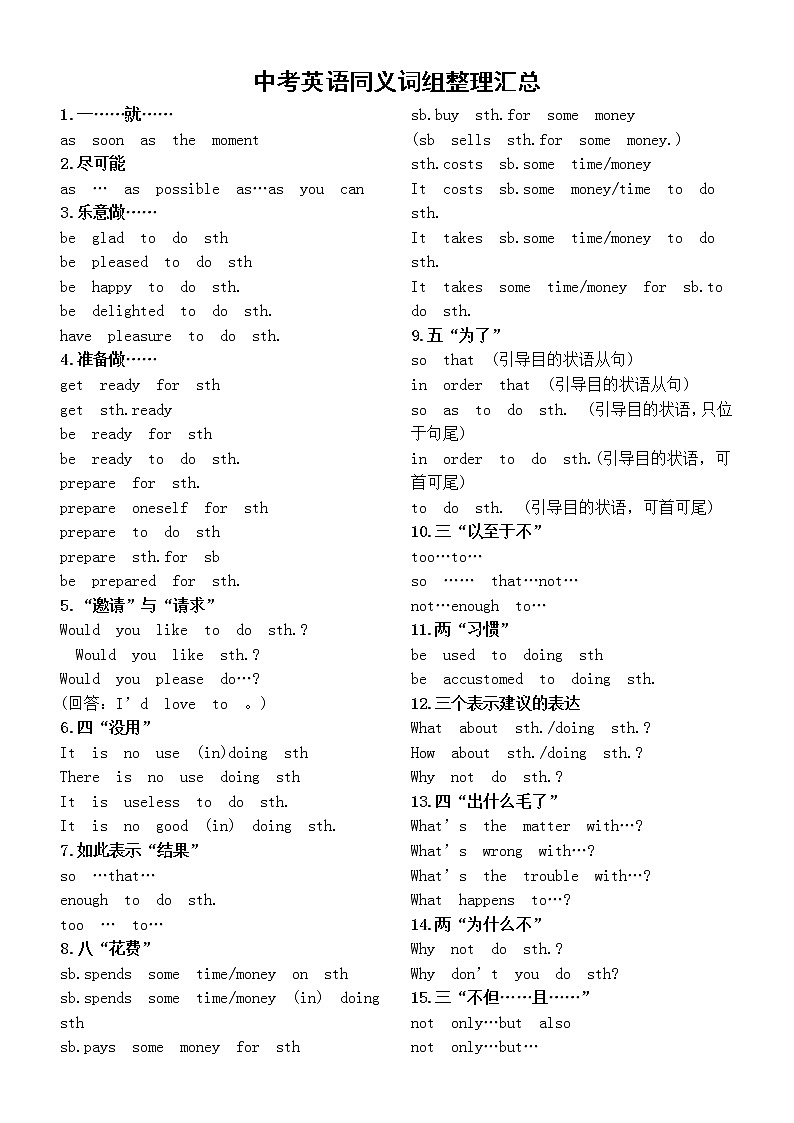 初中英语中考复习同义词组整理汇总第1页