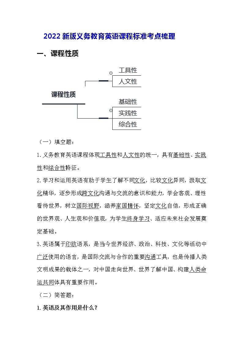 2022新版义务教育英语课程标准考点梳理教师招聘选调必背01